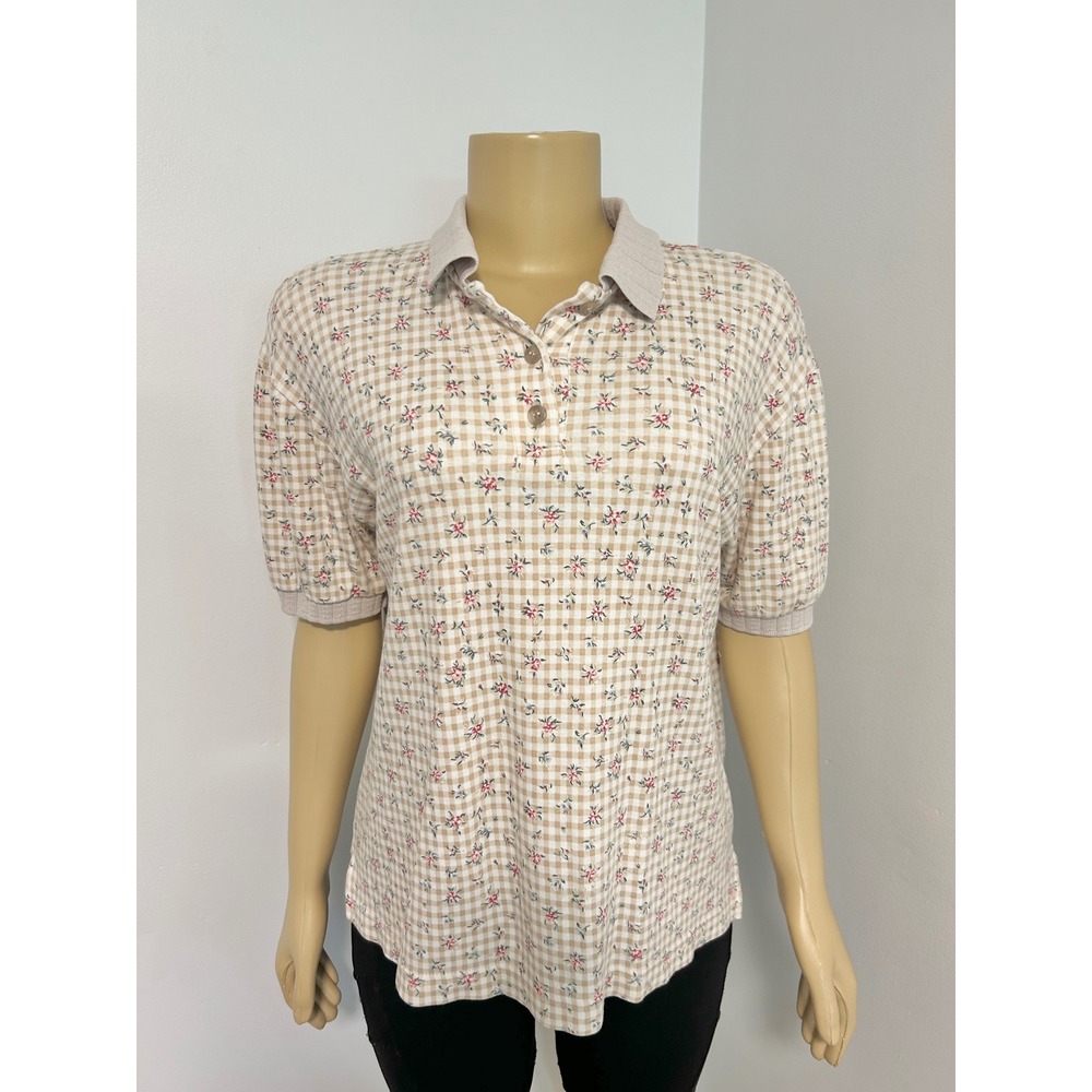 Jantzen Classics COTTAGECORE Tan Gingham EARTHY Floral Polo Shirt Collared Top